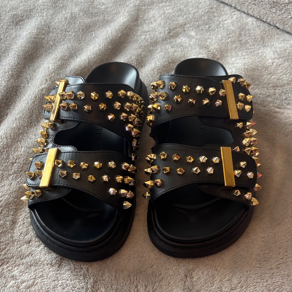 Alexander McQueen Black and Gold Studded Sandals